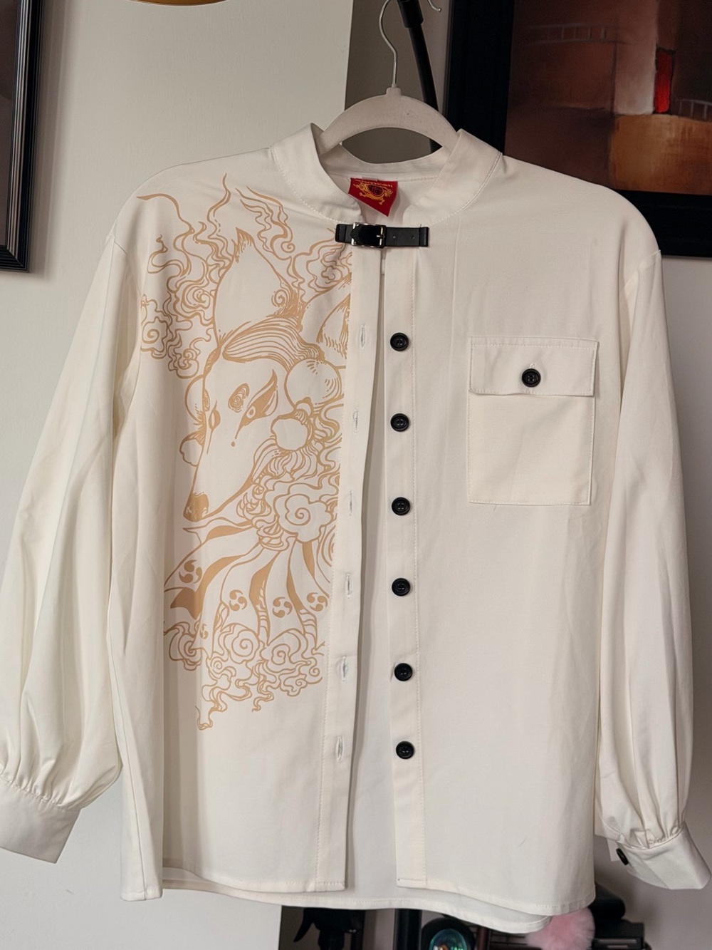 White Women's Button-Front Blouse with Beige Fox Motif